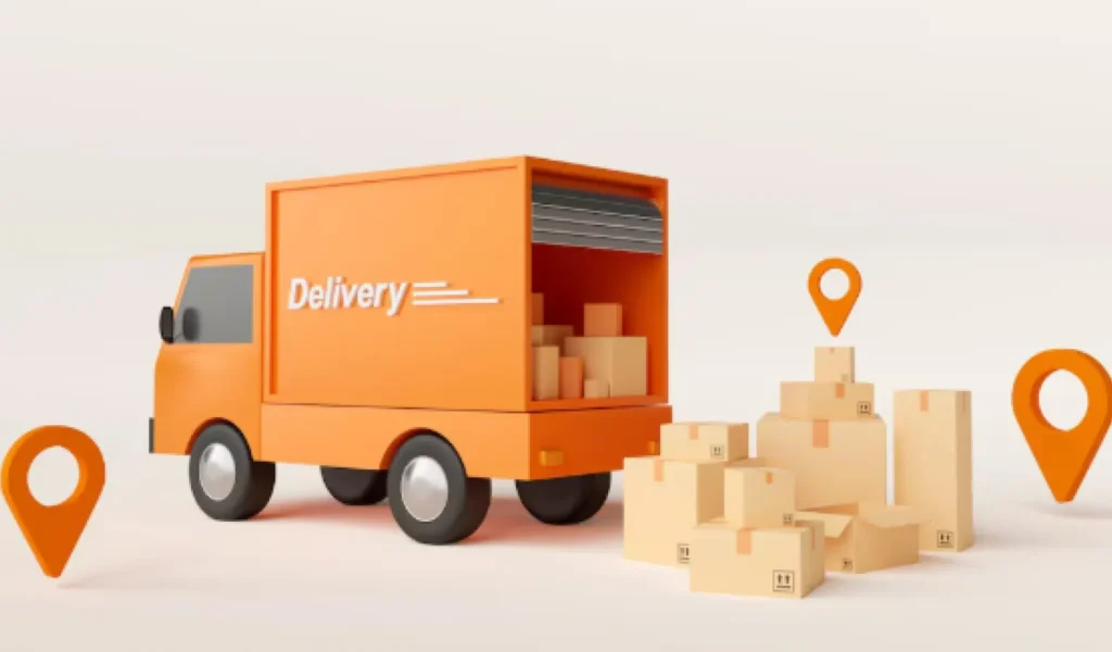 An orange delivery truck with packages stacked nearby, accompanied by location markers on a light background.