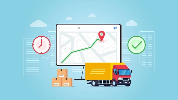 Illustration of a delivery truck by a map with a route, boxes, and icons for time and delivery confirmation in a cityscape background.