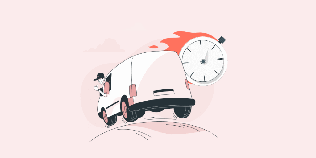A delivery van speeds along a road, with a smiling driver and a stopwatch symbolizing urgency and fast service.