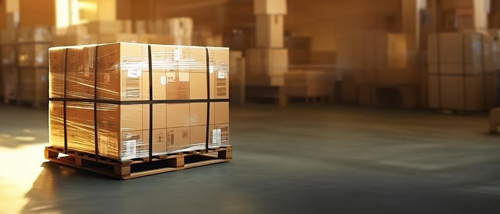 A pallet stacked with neatly wrapped cardboard boxes in a warm, illuminated warehouse setting.